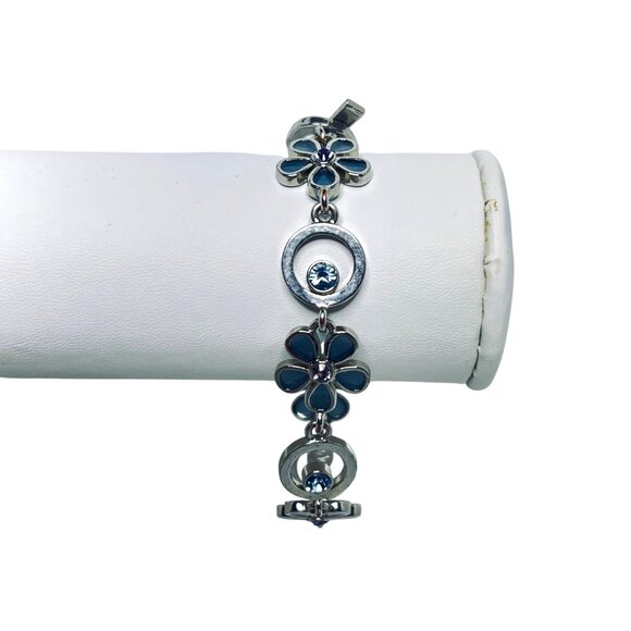 M4M Silver Tone And Blue Rhinestone Floral Link Bracelet Signed 7 1/2” (5920) - Picture 3 of 9